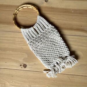 Handmade Crochet Macrame Purse bag with bamboo handles Cream Natural